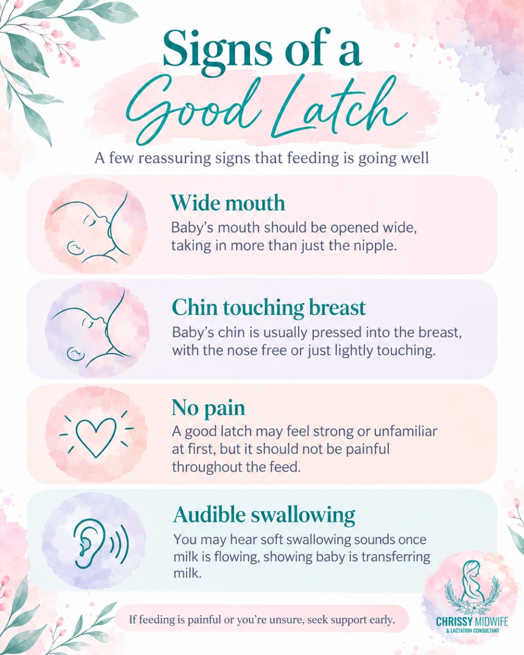 A good latch can make all the difference to your breastfeeding journey

One of the biggest things I focus on when supporting mums with breastfeeding is getting the positioning and attachment right.

A good latch is key to not only comfortable, pain-free breastfeeding but also helping your baby transfer milk effectively.

And sometimes, the smallest adjustments can make the biggest difference!

-Bringing your baby in nice and close, with their body supported and facing you.
-Encouraging a wide-open mouth before bringing your baby onto the breast.
-Making sure your baby's chin is touching the breast and they can breathe comfortably.
- Looking and listening for those lovely rhythmic sucks and swallows.
-Most importantly, making sure feeding feels comfortable for you.

Breastfeeding shouldn't be something you have to push through in pain.

A little tenderness in the early days can happen, but ongoing pain, cracked nipples or discomfort throughout a feed are signs that something may need adjusting.

I often see mums who are worried about their milk supply when sometimes the issue is simply that their baby isn't attaching deeply enough to transfer milk effectively.

Getting positioning and attachment right early on can make such a difference to your confidence, comfort and breastfeeding experience.

And if it's not coming naturally, that's okay. Breastfeeding is something both you and your baby are learning together.

#ChrissyMidwife #BreastfeedingSupport #GoodLatch #BreastfeedingTips #NewbornFeeding #LactationConsultant #NewMumSupport