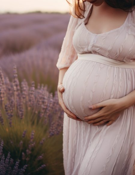 Pregnant woman in lavender field at sunset. Pregnancy, maternity, preparation and expectation concept, Belly of a pregnant woman in a lavender field, AI Generated